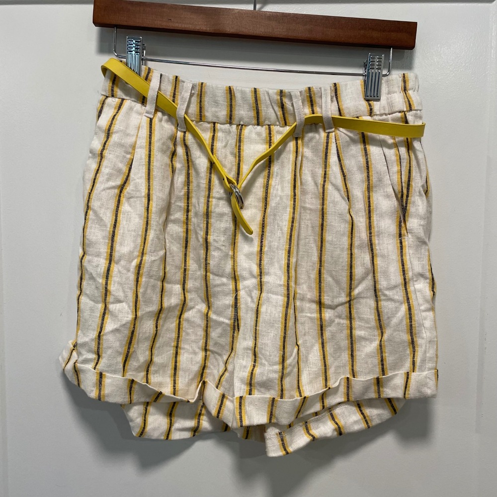 Love Tree Womens Yellow Striped Linen Blend Belted Shorts White Medium 6419PY